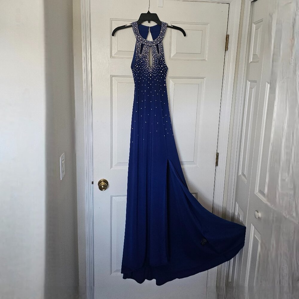 Nightway Embellished Open-Back Halter Gown in blue